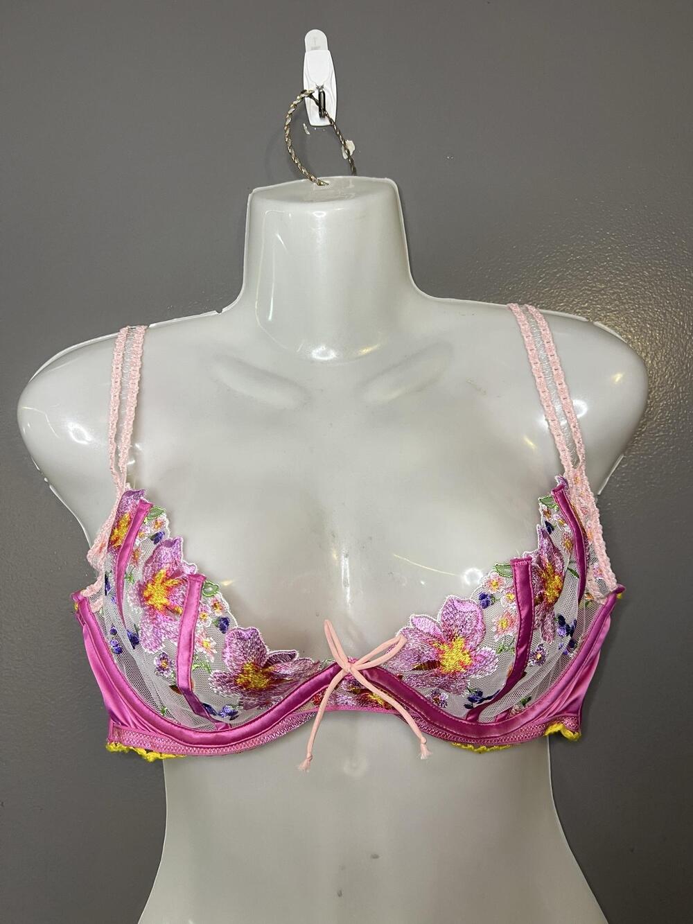 For Love & Lemons Bra Womens Medium Pink Lace Floral Balconette Underwire Sheer